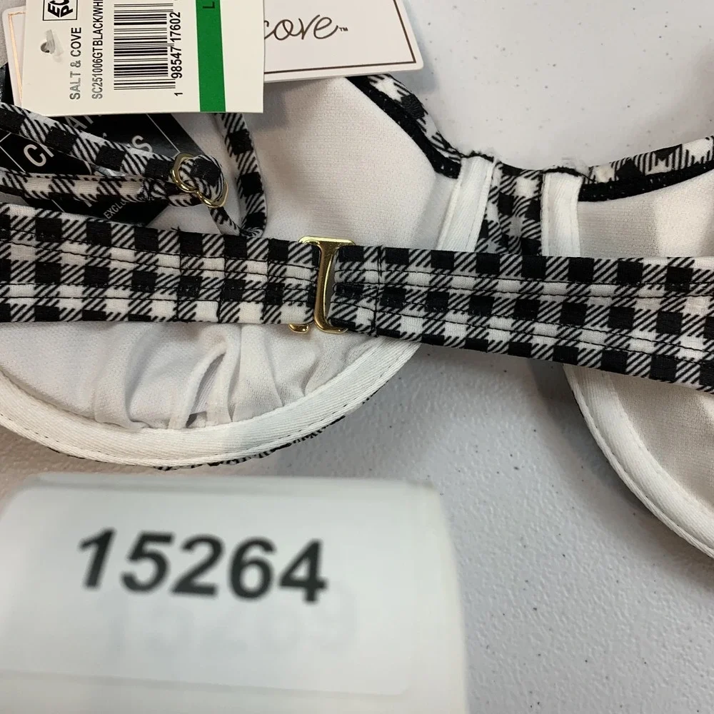 Salt & Cove Junior's Swim Bikini Top L Black White Gingham Plaid Underwire